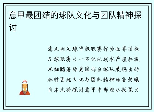 意甲最团结的球队文化与团队精神探讨