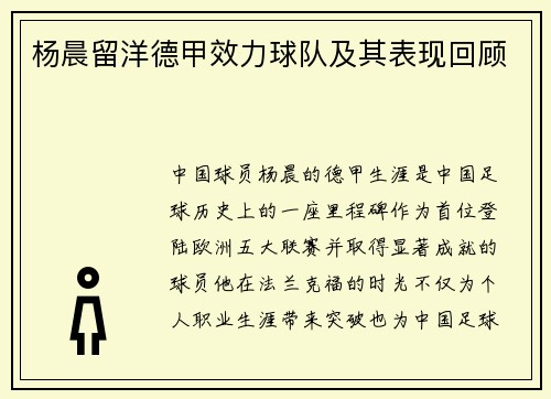 杨晨留洋德甲效力球队及其表现回顾
